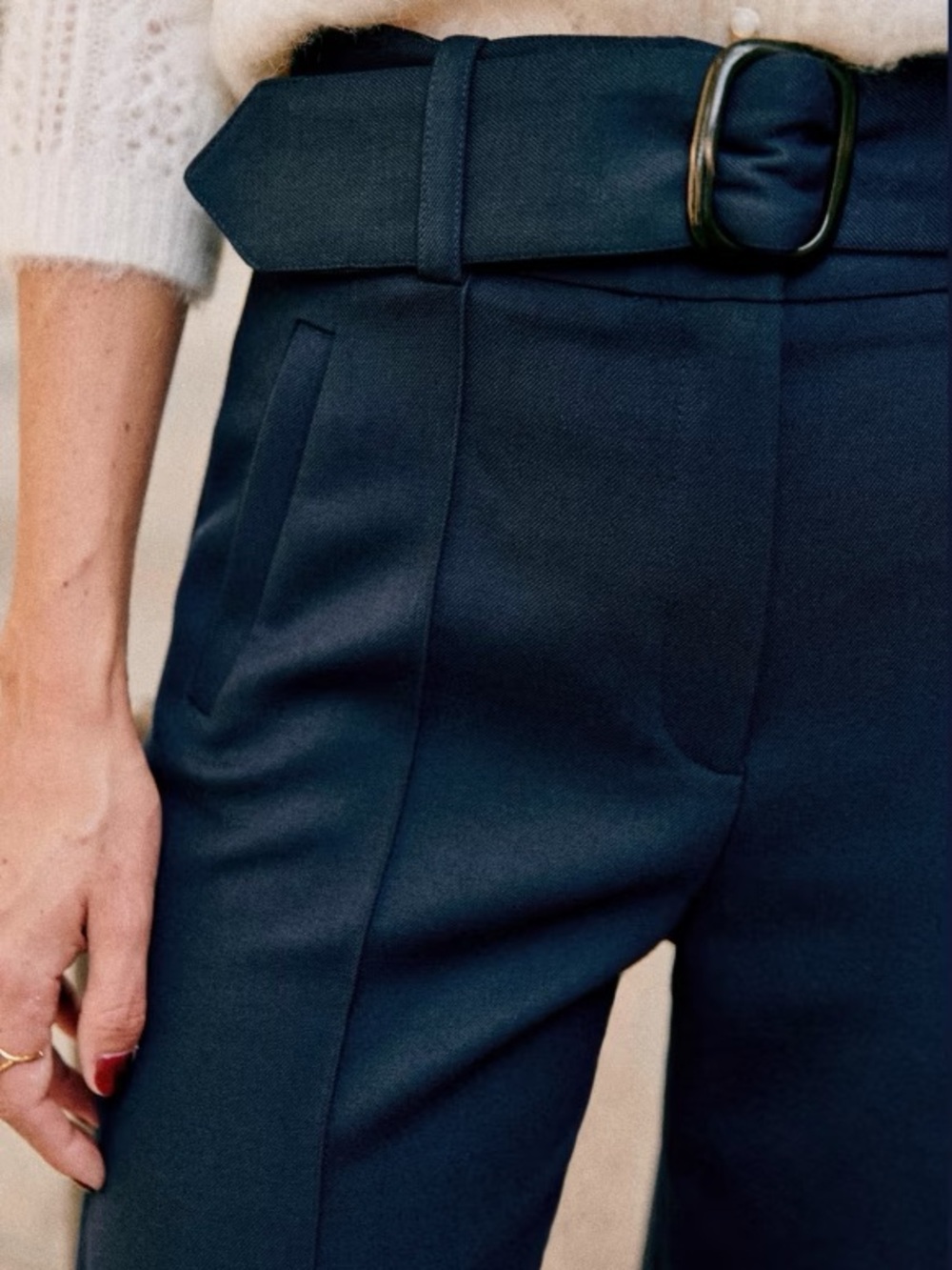 SEZANE Navy High-Waist Tailored Lukas Trousers with Removable Belt